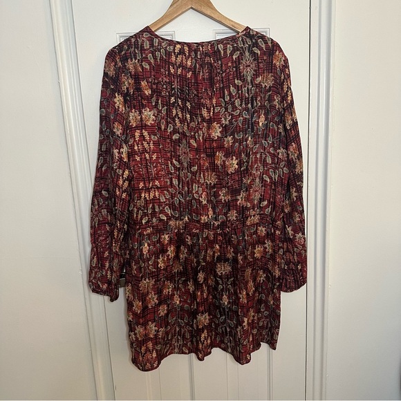 Peruvian Connection Silk Blend Tunic Long Sleeve Dress Red Floral Abstract 14 - Picture 4 of 6